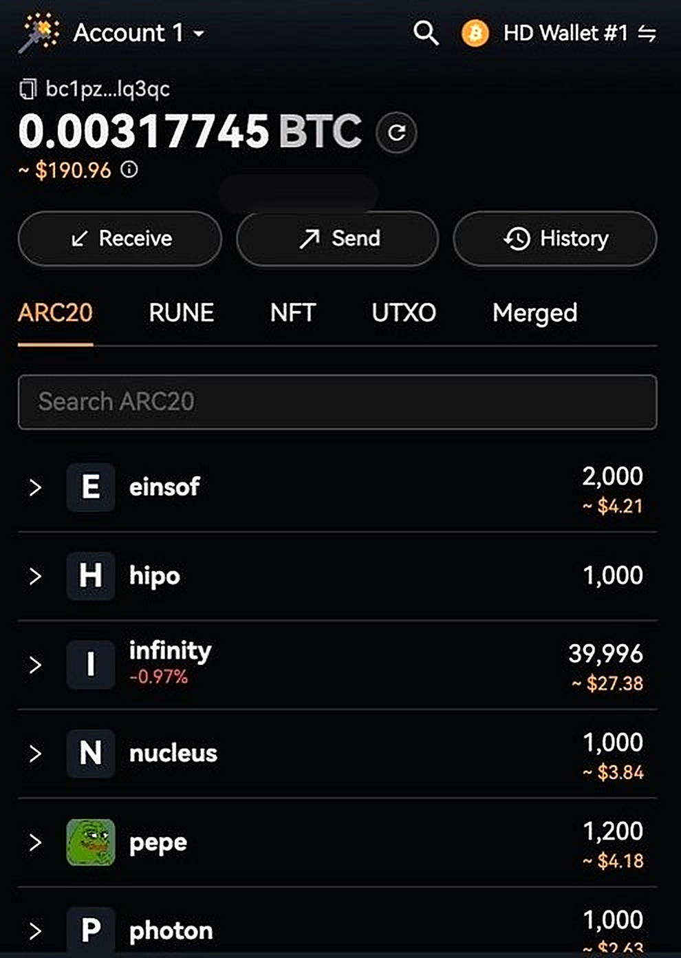 Wizz Wallet interface showing the Bitcoin balance and ARC-20 token list